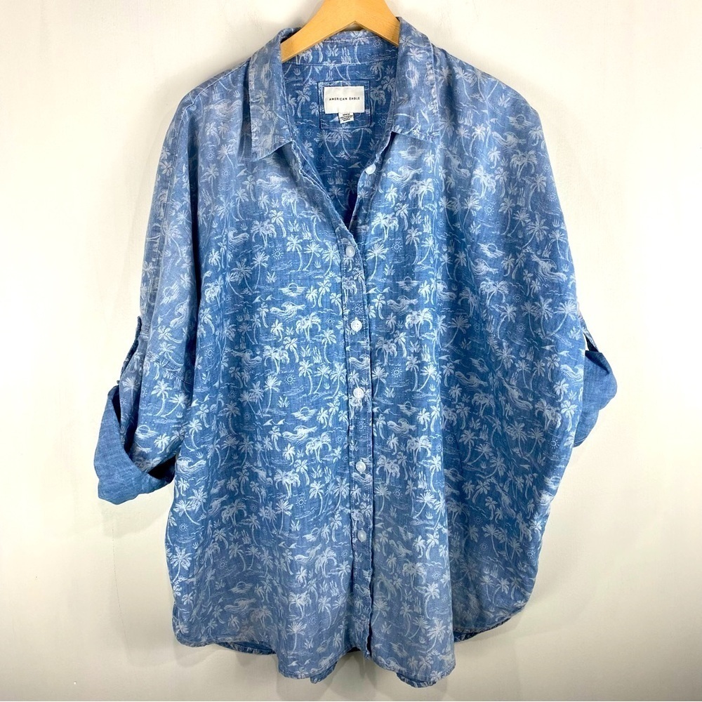 American Eagle Novelty Beach Tropical Print Button Up‎ Down Shirt Blouse Medium
